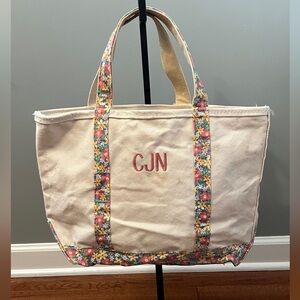 Vintage LL Bean Boat & Tote Bag White Canvas Floral Trim Embroidery “CJN”